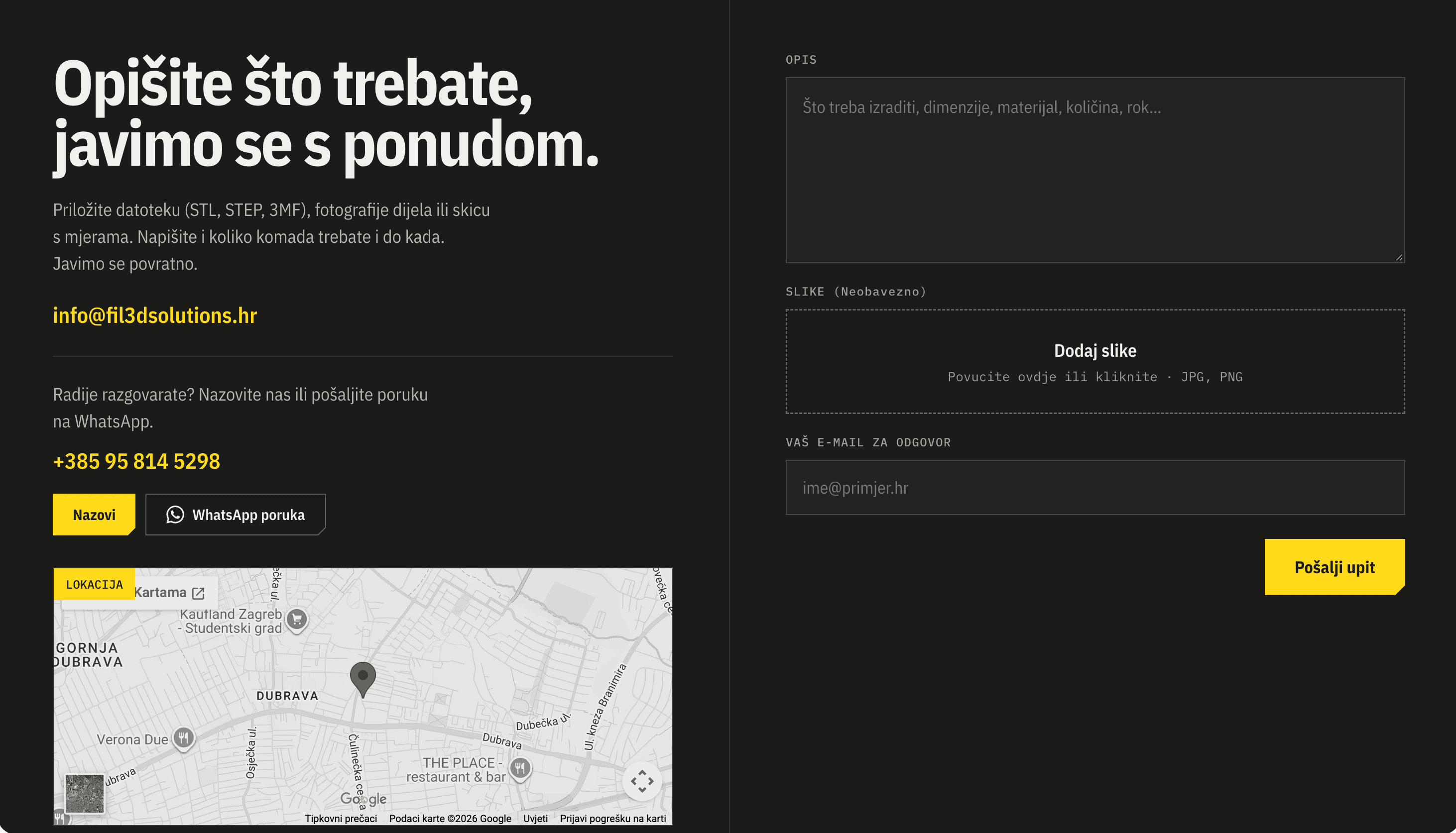The contact section: a short enquiry form asking for a description, optional images and an email, next to a phone number, WhatsApp button and a map of the workshop location in Zagreb.