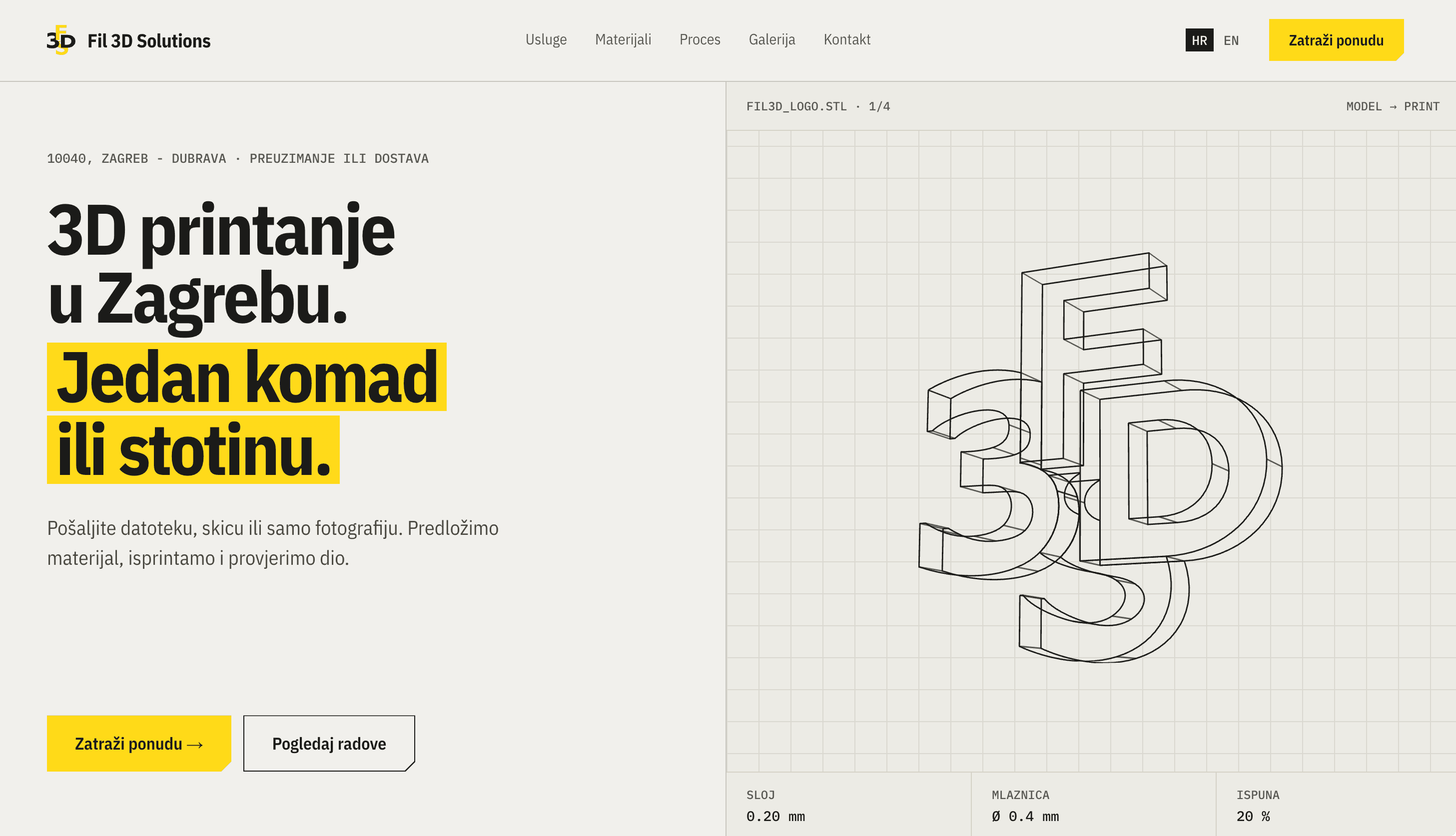 Fil 3D Solutions homepage: the headline '3D printanje u Zagrebu. Jedan komad ili stotinu.' beside a wireframe 3D model of the studio logo, with layer height, nozzle diameter and infill listed underneath.
